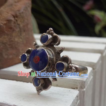 Chinese Zang Nationality Blue Stone Silver Rings Handmade Traditional Tibetan Ethnic Jewelry Accessories for Women