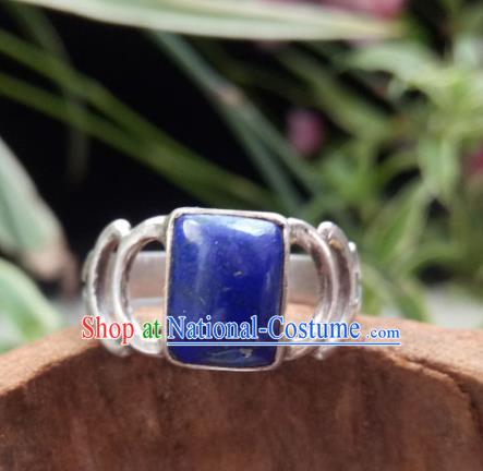 Chinese Zang Nationality Lapis Lazuli Silver Rings Handmade Traditional Tibetan Ethnic Jewelry Accessories for Women