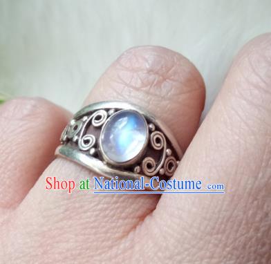 Chinese Zang Nationality Silver Moonstone Rings Handmade Traditional Tibetan Ethnic Jewelry Accessories for Women