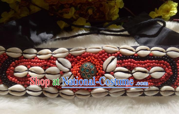 Chinese Zang Nationality Shell Red Beads Belts Handmade Traditional Tibetan Ethnic Waistband Accessories for Women