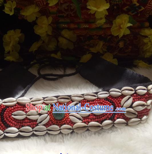 Chinese Zang Nationality Shell Red Beads Belts Handmade Traditional Tibetan Ethnic Waistband Accessories for Women