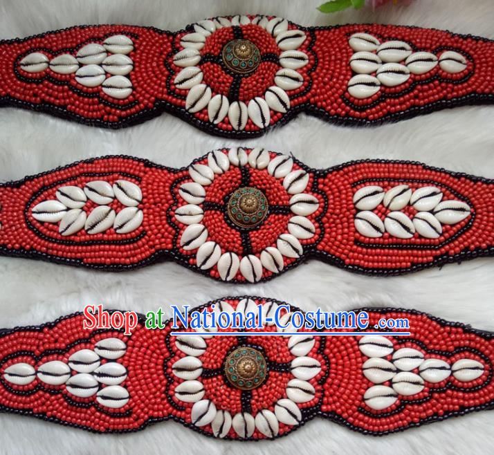 Chinese Zang Nationality Red Beads Shell Belts Handmade Traditional Tibetan Ethnic Waistband Accessories for Women