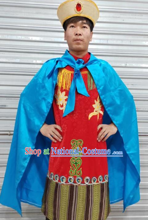 Chinese Zang Nationality Folk Dance Red Costumes Traditional Tibetan Ethnic Clothing for Men