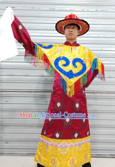 Chinese Zang Nationality Folk Dance Wine Red Costumes Traditional Tibetan Ethnic Robe for Men