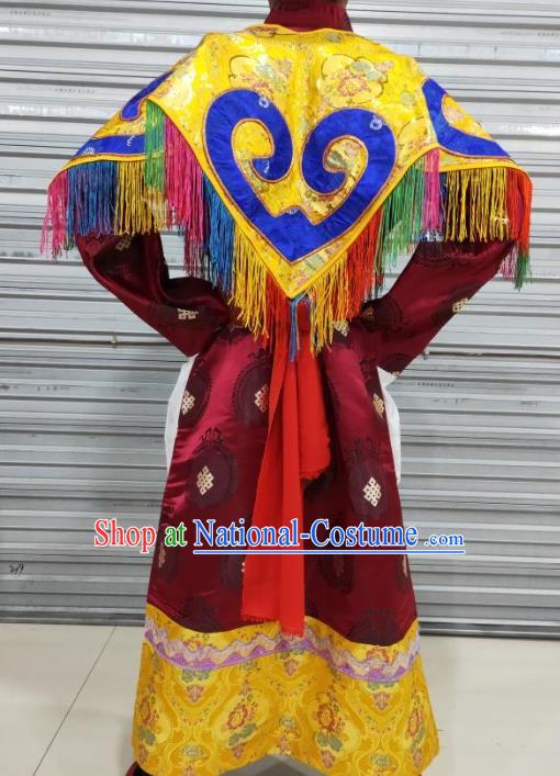 Chinese Zang Nationality Folk Dance Wine Red Costumes Traditional Tibetan Ethnic Robe for Men