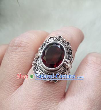 Chinese Zang Nationality Wine Red Crystal Rings Handmade Traditional Tibetan Ethnic Jewelry Accessories for Women