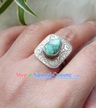 Chinese Zang Nationality Kallaite Silver Rings Handmade Traditional Tibetan Ethnic Jewelry Accessories for Women