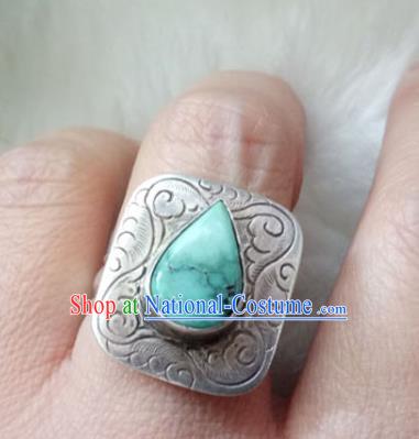 Chinese Zang Nationality Kallaite Silver Rings Handmade Traditional Tibetan Ethnic Jewelry Accessories for Women