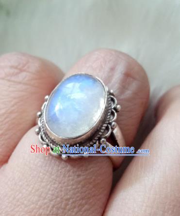 Chinese Zang Nationality Moonstone Silver Rings Handmade Traditional Tibetan Ethnic Jewelry Accessories for Women