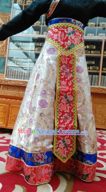 Chinese Zang Nationality Dance Costume Traditional Tibetan Ethnic White Brocade Skirt for Women