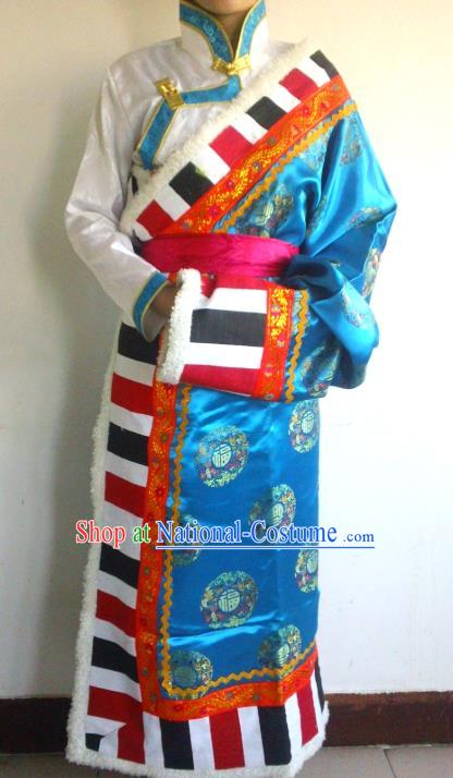 Chinese Zang Nationality Folk Dance Costume Blue Tibetan Robe Traditional Ethnic Dress for Women