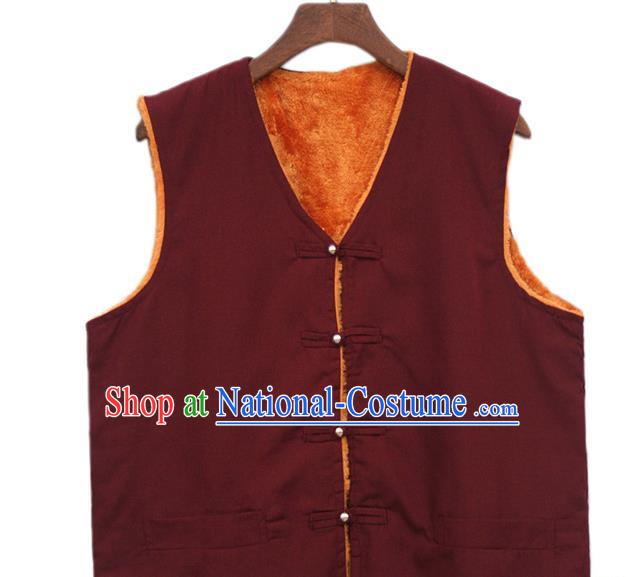 Chinese Tibetan Buddhism Wine Red Woolen Vest Traditional Monk Waistcoat Upper Outer Garment for Men