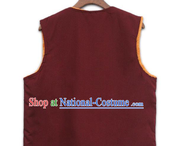 Chinese Tibetan Buddhism Wine Red Woolen Vest Traditional Monk Waistcoat Upper Outer Garment for Men