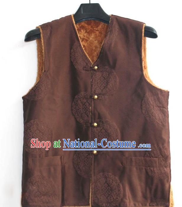 Chinese Tibetan Buddhism Brown Woolen Vest Traditional Monk Waistcoat Upper Outer Garment for Men