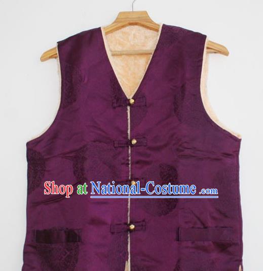 Chinese Tibetan Buddhism Purple Satin Woolen Vest Traditional Monk Waistcoat Upper Outer Garment for Men