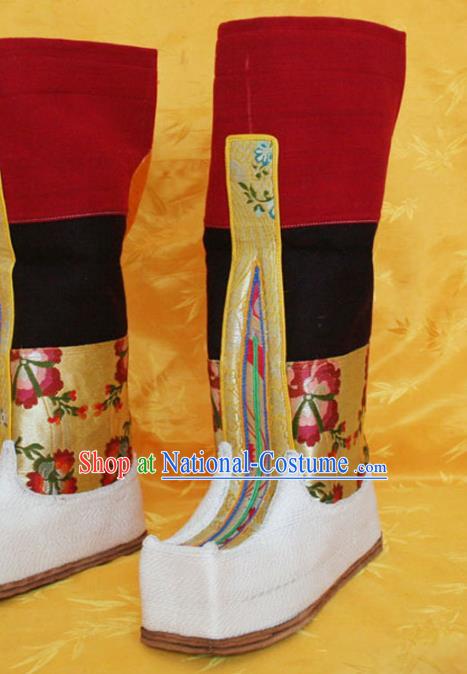 Chinese Zang Nationality Leather Wine Red Boots Handmade Shoes Traditional Tibetan Ethnic Boots for Women