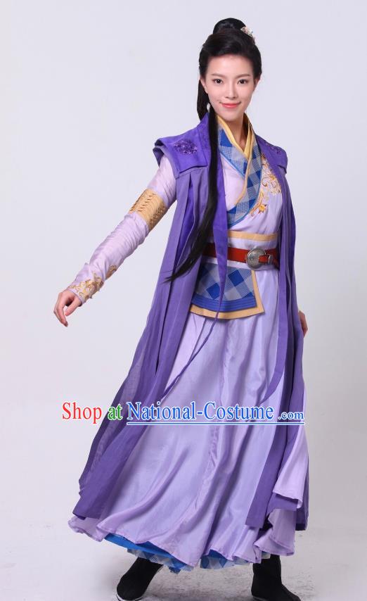 Chinese Ancient Swordswoman Purple Hanfu Dress Drama Devastating Beauty Jing Nanyi Costume and Headpiece for Women