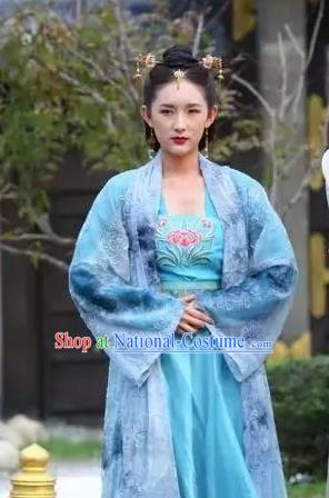 Chinese Ancient Noble Concubine Blue Hanfu Dress Drama Devastating Beauty Han Lu Costume and Headpiece for Women