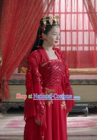 Chinese Ancient Bride Red Hanfu Dress Drama Devastating Beauty Cheng Yelan Costume and Headpiece for Women