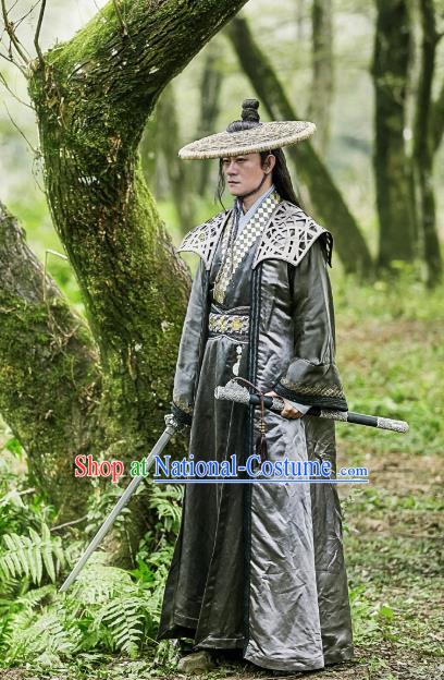 Chinese Ancient Swordsman Historical Television Bloody Romance Costume and Hat Complete Set for Men