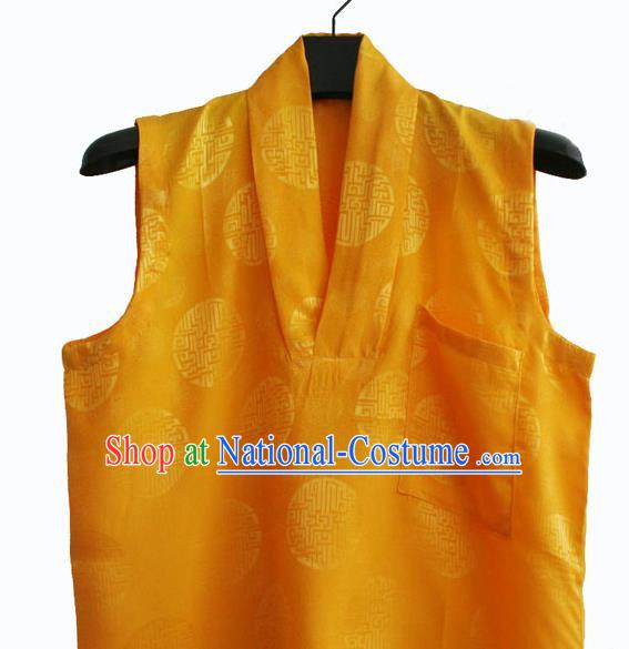 Chinese Tibetan Buddhism Golden Satin Vest Traditional Monk Waistcoat Upper Outer Garment for Men