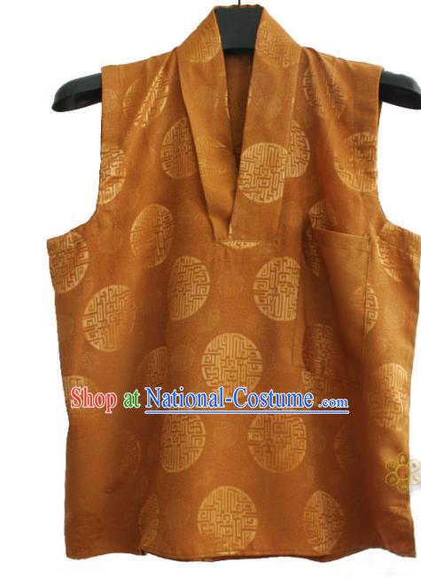 Chinese Tibetan Buddhism Brown Satin Vest Traditional Monk Waistcoat Upper Outer Garment for Men