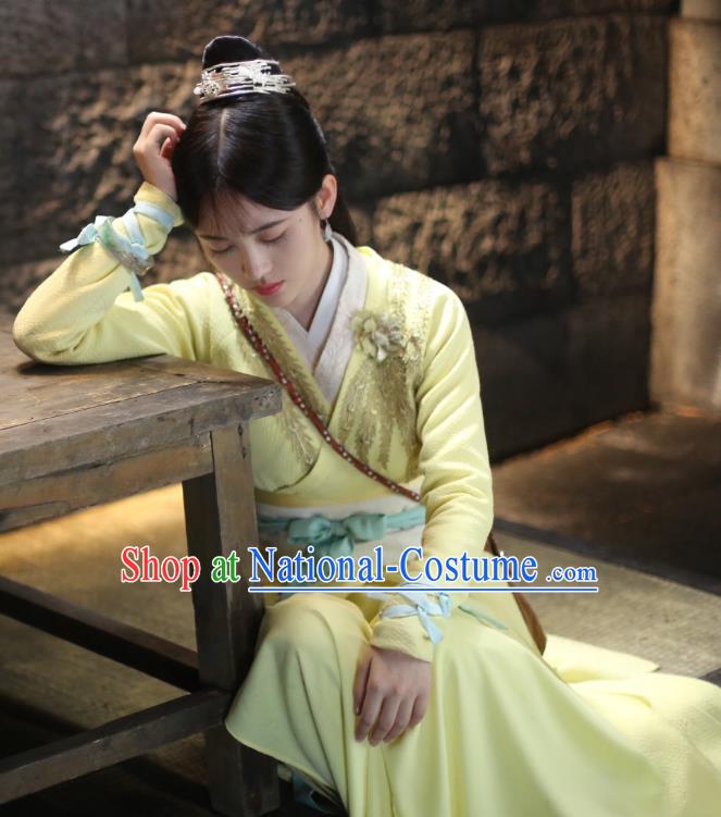 Chinese Ancient Princess Han Yunxi Yellow Hanfu Dress Drama Legend of Yun Xi Costume and Headpiece for Women