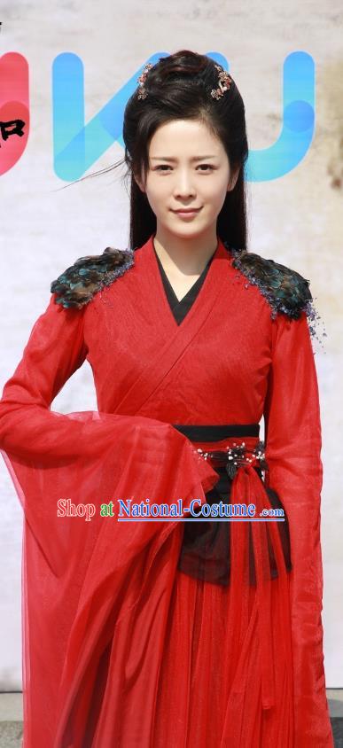 Drama Xia Tan Jian Bu Zhi Chinese Ancient Female Assassin Zhan Shier Red Dress Costume and Headpiece for Women