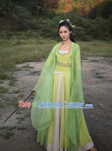 Chinese Ancient Courtesan Yu Ze Green Hanfu Dress Drama Legend of Yun Xi Costume and Headpiece for Women