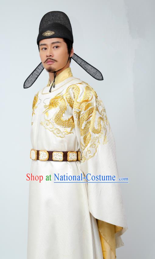 Chinese Ancient Tang Dynasty Emperor Li Shimin White Clothing Historical Drama Miss Truth Costume and Headpiece for Men