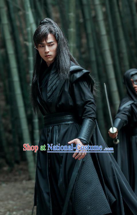 Chinese Ancient Swordsman Su Fu Black Clothing Historical Drama Miss Truth Tang Dynasty Costume and Headpiece for Men