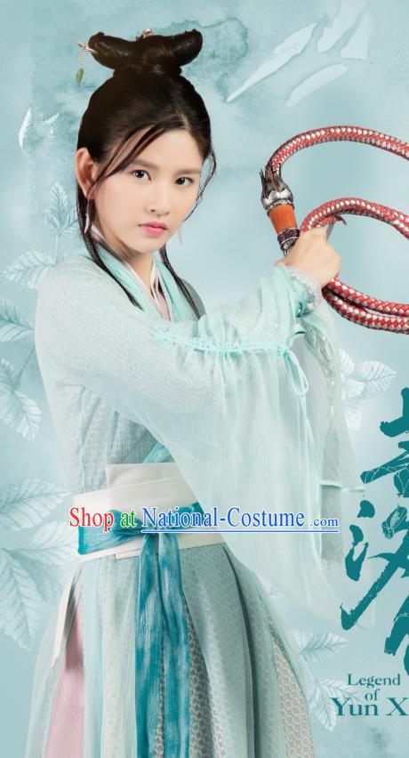 Chinese Ancient Swordswoman Ning Jing Green Hanfu Dress Drama Legend of Yun Xi Costume and Headpiece for Women