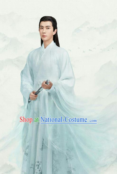 Chinese Ancient Noble Prince Jing Ci Blue Clothing Historical Drama The Love Lasts Two Minds Costume and Headpiece for Men