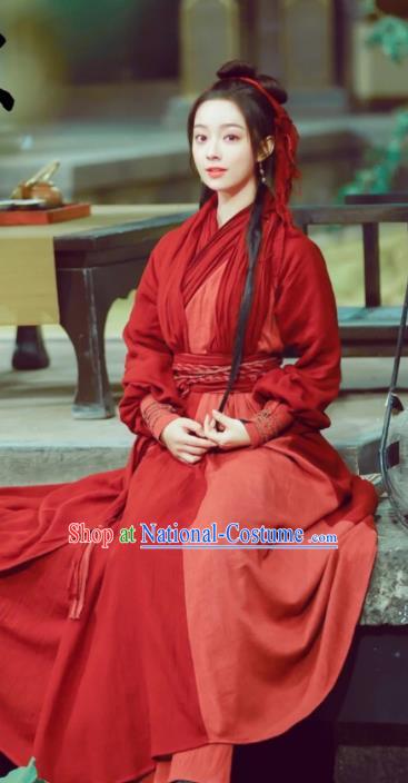 Chinese Ancient Swordswoman Feng Wanmian Red Hanfu Dress Drama The Love Lasts Two Minds Costume and Headpiece for Women