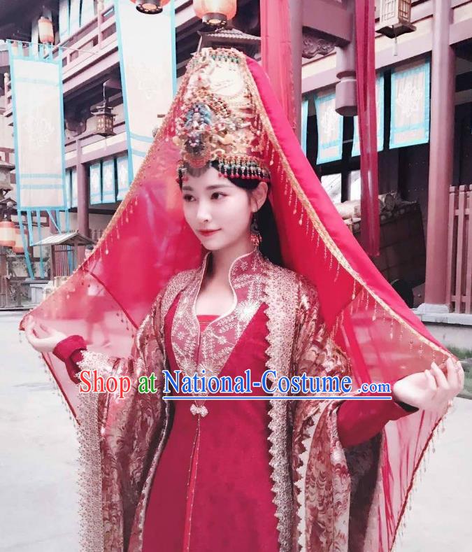 Chinese Ancient Bride Red Hanfu Dress Drama Legend of Yun Xi Costume and Headpiece for Women