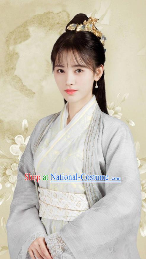 Chinese Ancient Princess Han Yunxi Grey Hanfu Dress Drama Legend of Yun Xi Costume and Headpiece for Women