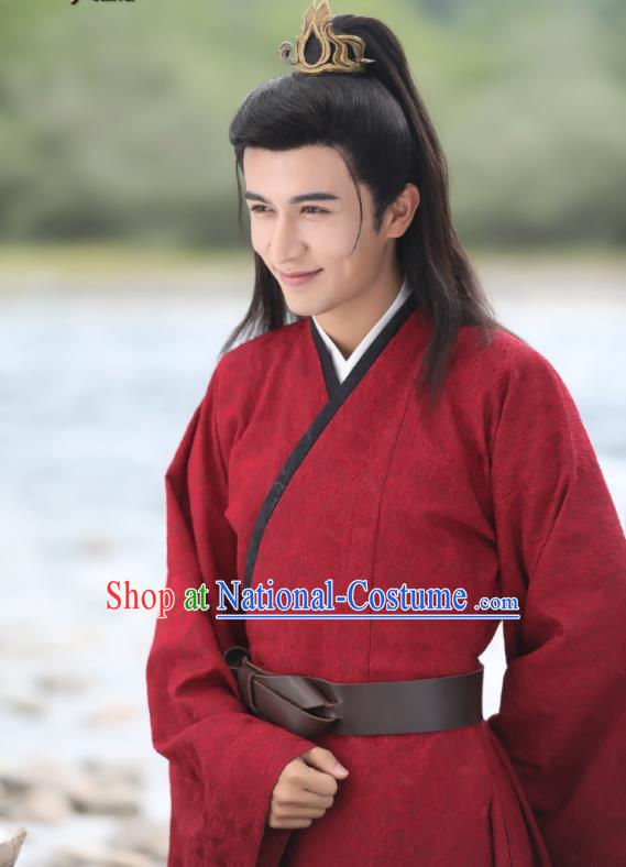 Chinese Ancient Prince Gu Qishao Red Clothing Historical Drama Legend of Yun Xi Costume and Headpiece for Men