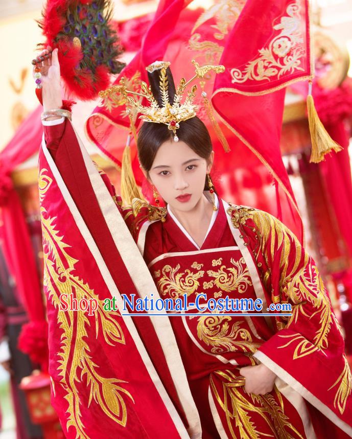 Chinese Ancient Princess Rani Qin Red Hanfu Dress Drama Legend of Yun Xi Wedding Costume and Headpiece for Women