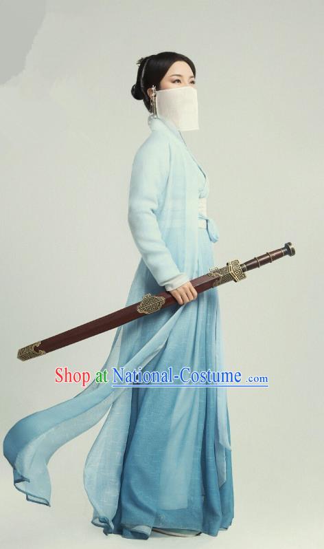 Chinese Ancient Court Maid Zhi Xia Blue Hanfu Dress Drama The Love Lasts Two Minds Costume and Headpiece for Women