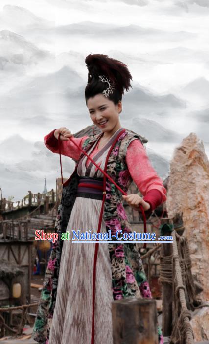 Chinese Ancient Villain Swordsman Tu Jiaojiao Hanfu Dress Drama Handsome Siblings Costume and Headpiece for Women