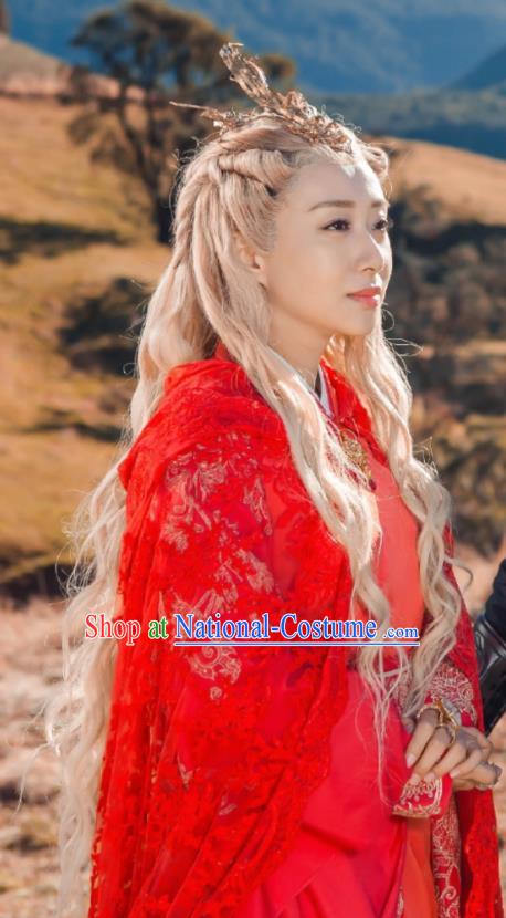 Chinese Historical Drama The Legend of Zu Ancient Demon Princess Sha Yanhong Red Costume and Headpiece for Women