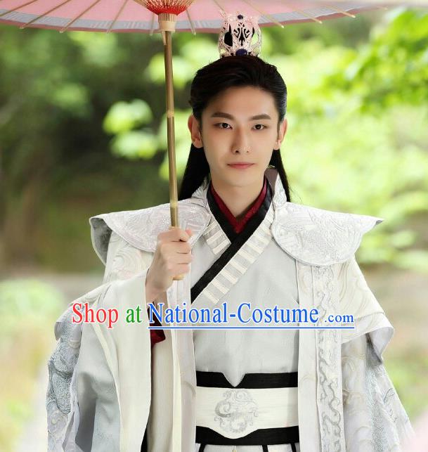 Chinese Ancient Crown Prince Mo Liancheng White Clothing Historical Drama The Eternal Love Costume and Headwear for Men