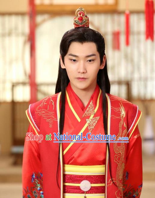 Chinese Ancient Crown Prince Mo Liancheng Wedding Red Clothing Historical Drama The Eternal Love Costume and Headwear for Men