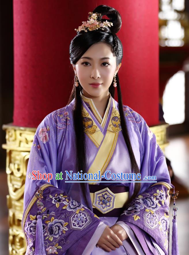 Chinese Historical Drama The Eternal Love Ancient Palace Princess Qu Pan Er Purple Costume and Headpiece for Women