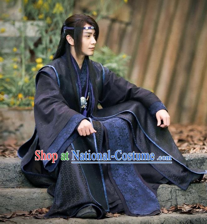 Chinese Ancient Swordsman Xie Yi Black Clothing Historical Drama Swords of Legends Costume and Headwear for Men