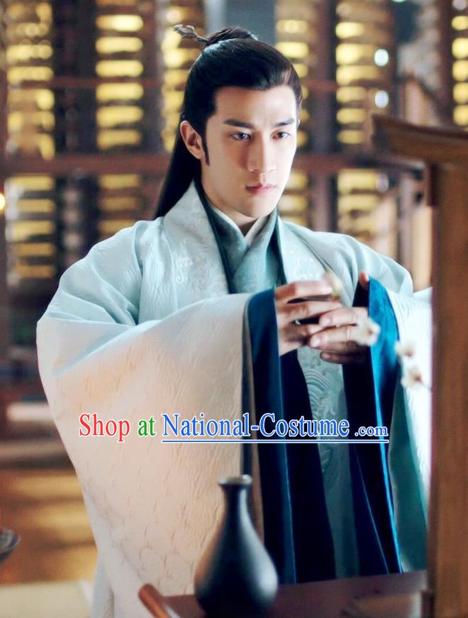 Chinese Drama Princess Silver Ancient Prince Wu You Blue Historical Costume and Headwear for Men