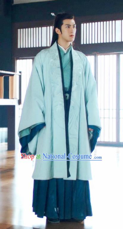 Chinese Drama Princess Silver Ancient Prince Wu You Blue Historical Costume and Headwear for Men