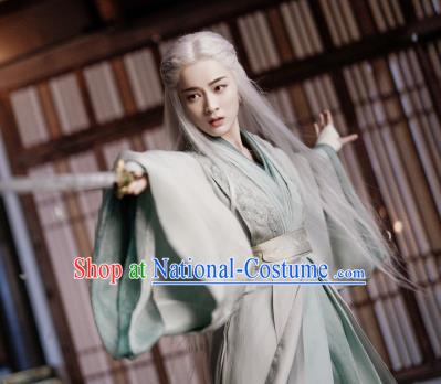 Chinese Ancient Female Swordsman Rong Le Green Historical Drama Princess Silver Costume and Headpiece for Women