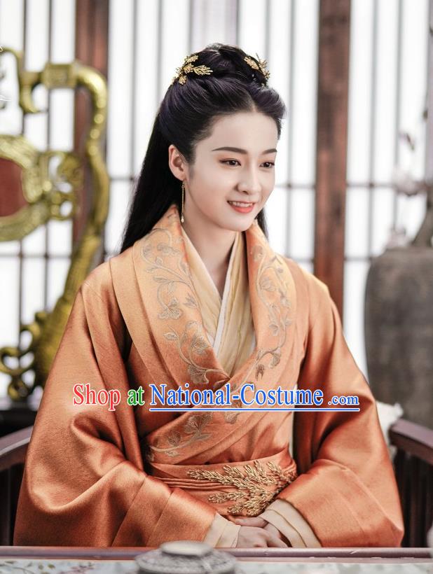 Chinese Ancient Royal Queen Rong Le Orange Historical Drama Princess Silver Costume and Headpiece for Women