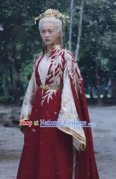 Chinese Ancient Royal Princess Historical Drama Princess Silver Red Costume and Headpiece for Women